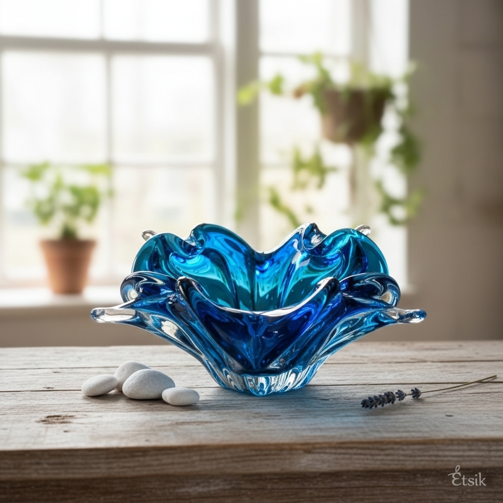 Chalet Canada Art Glass Blue bowl / ashtray blue Thick Heavy Sommerso MCM